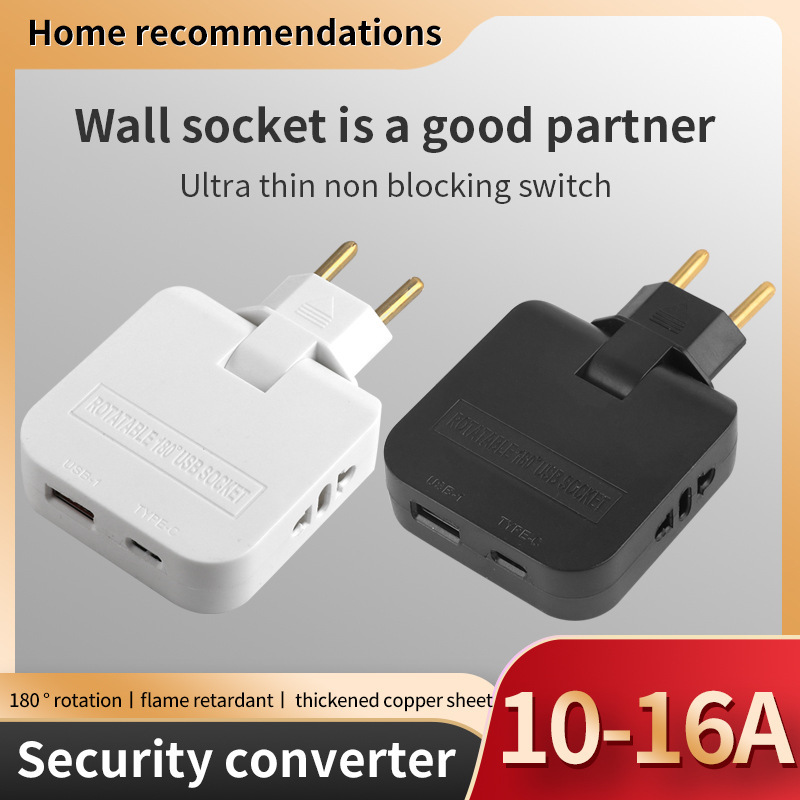Enchufe redondo doble estilo europeo 180 grados giratorio uno a dos multifuncional USB carga TYPE-C conector de conversión