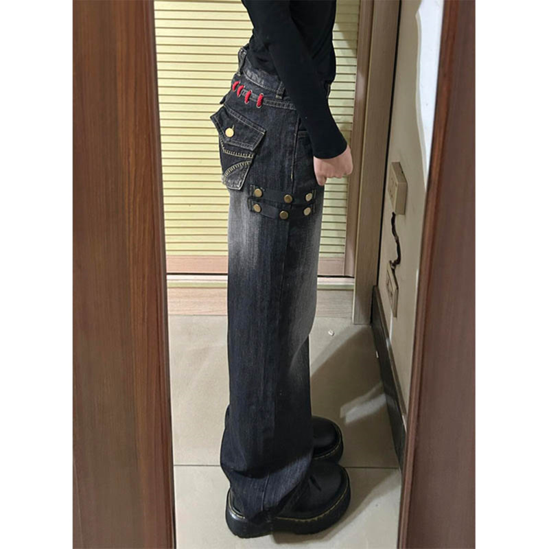 Y2K Light Asian Style Outfit Pants for Women, American Hot Girl Vintage Low-Waist Slim Straight Narrow Jeans