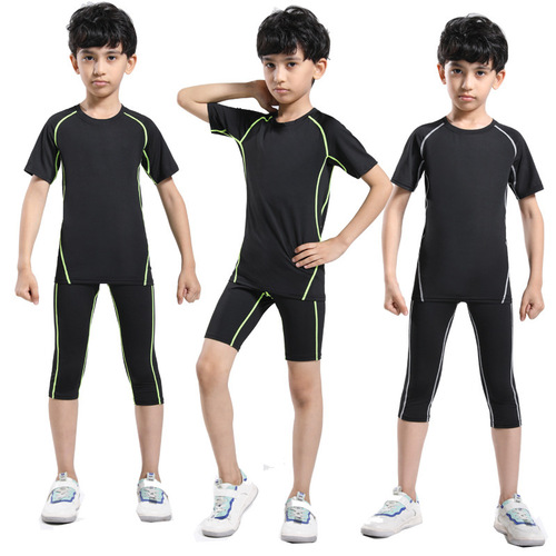 Children's tight-fitting training suit sports set football base layer basketball quick-drying top fitness top with extra warm short sleeve