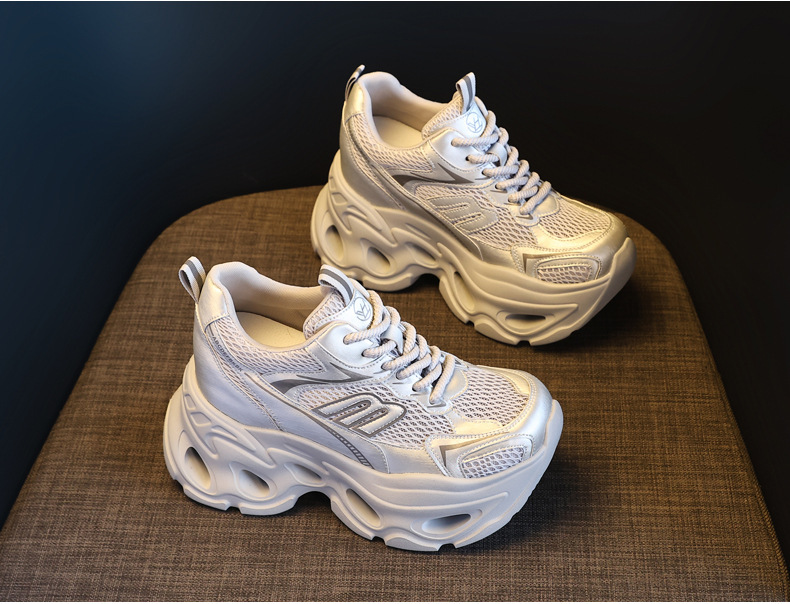 Giày sneaker cao gót nữ đế xuồng platform tăng chiều cao 10.5 cm — màu trắng, màu xám chi tiết 5