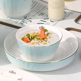 Q5ZR陶瓷碗家用欧式金边可微波吃饭碗盘组合加厚防烫陶瓷面碗餐具