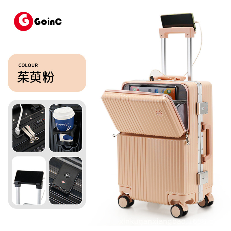Maleta multifuncional con marco de aluminio de 20 pulgadas para mujer, caja con ruedas resistente al desgaste para hombre con portavasos, caja de embarque de viaje de 24 pulgadas para hombre