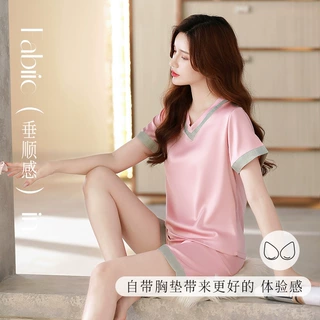 【冰雪丝】新款带胸垫睡衣女士夏季纯欲甜美短袖短裤冰丝绸家居服