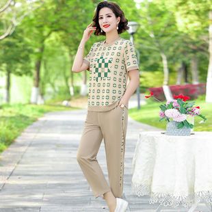 2023 New Mom Summer Short-Sleeved Casual Sports Suit 40 and 50 Years Old Middle-Aged and Elderly Women's Fashionable Summer Two-Piece Set