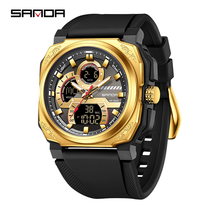 Sanda SANDA multifuncional moda juvenil doble pantalla impermeable reloj para hombre cuadrado deportes de ocio reloj electrónico para estudiantes