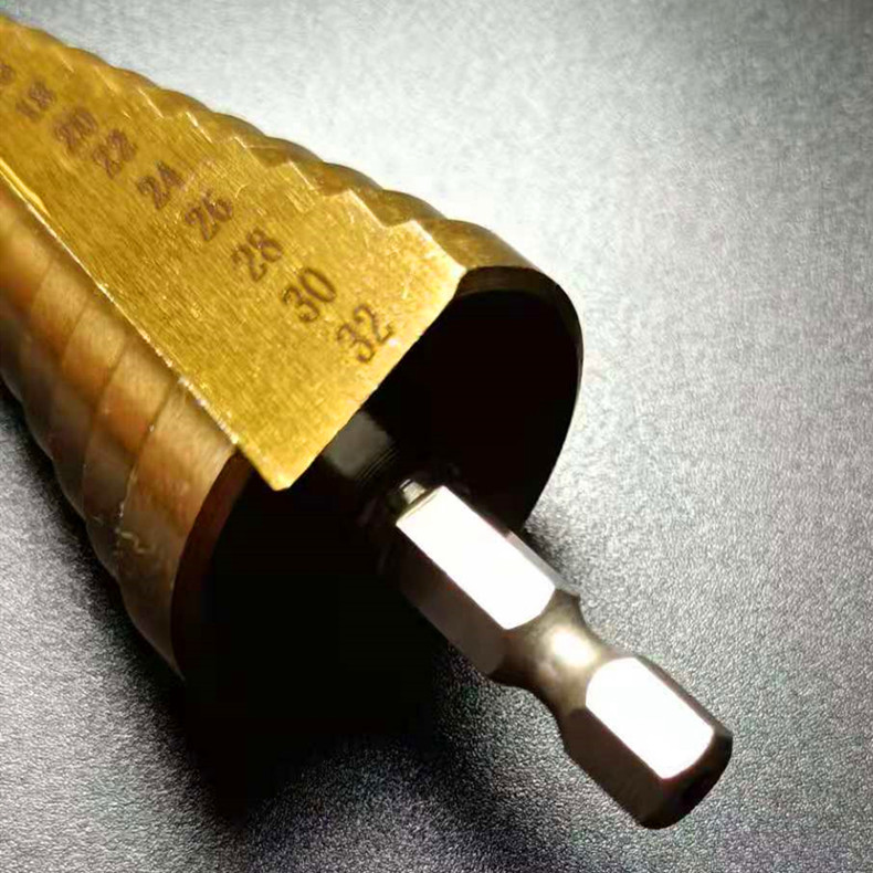 High-speed steel pagoda drill bit hexagonal shank spiral groove titanium-plated 4-32mm reaming drill woodworking step drill