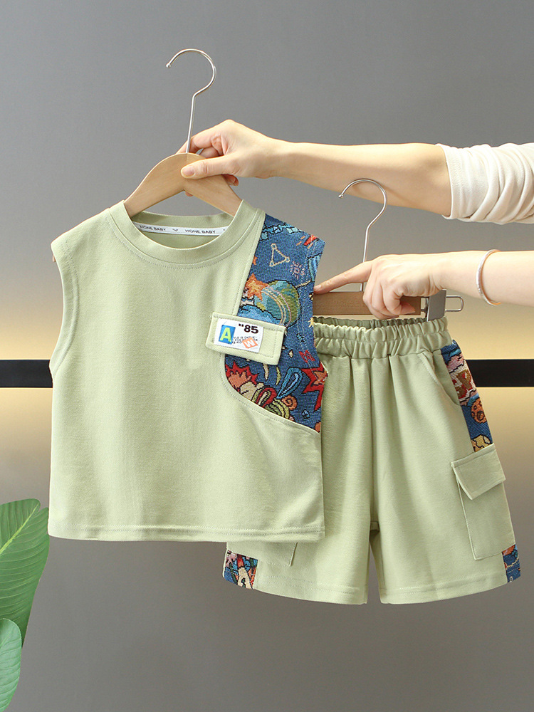 7871 traje de verano para niños 2025 nuevos pantalones cortos de chaleco guapos para niños de dos piezas ropa de verano para bebés de moda