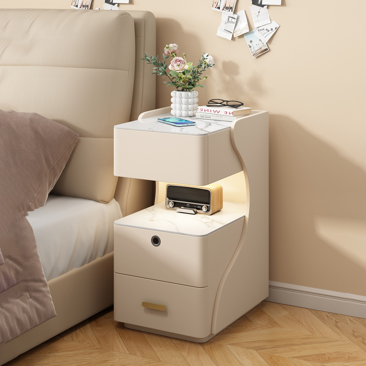 Light Luxury Smart Bedside Table Extremely Narrow Home Bedroom Small Apartment Multi-Functional Modern Simple Floor-Standing Three-Drawer Storage Cabinet