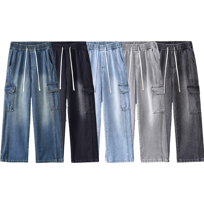 Jeans da lavoro da uomo LKTM stile americano con multitasche e patchwork, vestibilità ampia, coulisse, gamba dritta, vita media, cotone, nero, blu_voghion.com