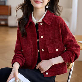 红色小香风女士短外套2023秋冬新款复古小个子休闲夹克上衣