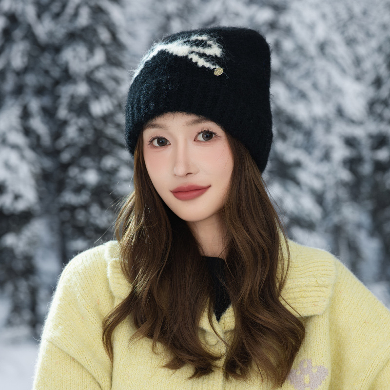 Swee Cue Bow Jacquard Knied Beanie Auumn Winer Lierary Versaile Large Head Circumference Wool Cold-proof Warm_voghion.com