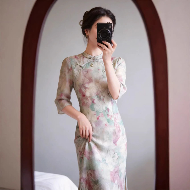 New Chinese-Style Women's Clothing in Light Cyan with Floral Patterns, Modified Qipao Dress, Summer High-End National Style Hanfu Dress