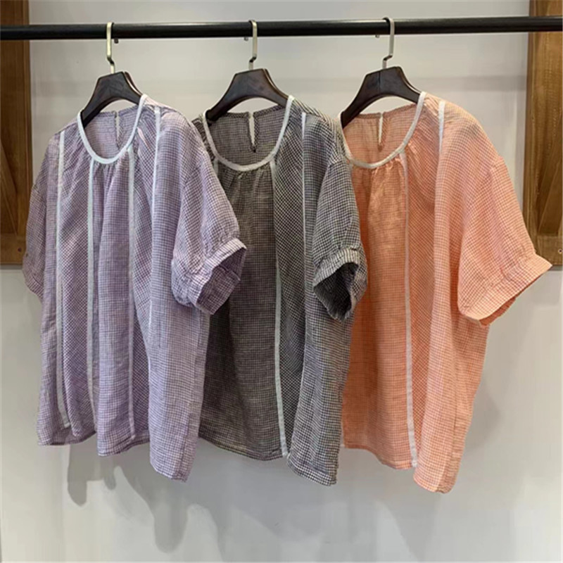 Sweet Mori Style Lace Plaid Linen Top Women's Summer New Loose All-match Age-reducing Japanese Style Shirt for Women