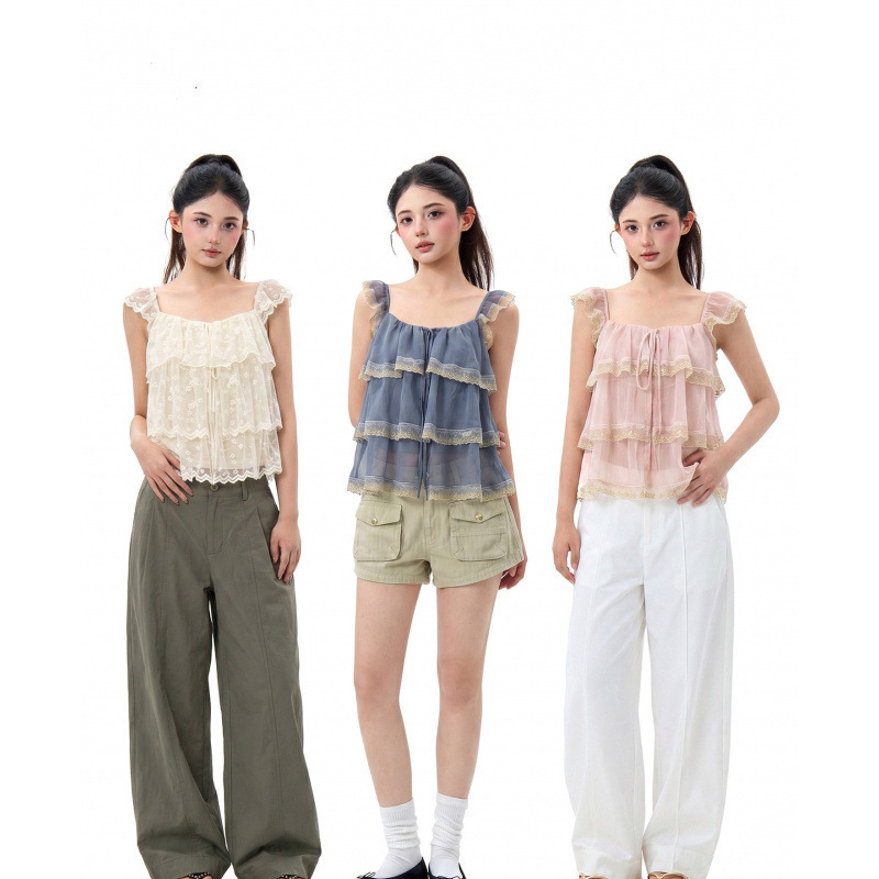 In-Stock Lace Square-Neck Short-Sleeve T-Shirt for Women, Summer Fairy-Like Sweet Style with Small Flutter Sleeves and Ruffles, Unique Layered Design