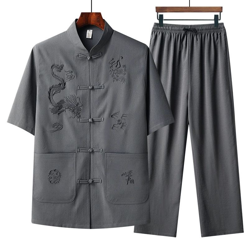 Summer thin set for elderly for leisure, for middle-aged man, for middle age, Chinese style, loose fit, with short sleeve