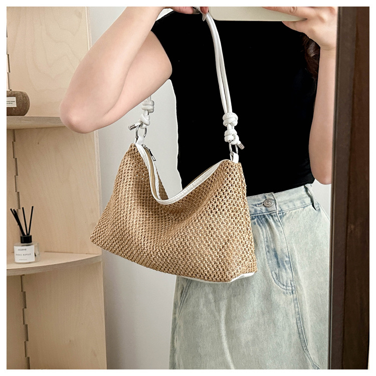 114g Weight Polyester Lining Material Weave Fashion Element Zipper Closure Type Single Shoulder Strap Strap Type Underarm Bag Bags Type Daily, Street, Shopping Occasion Straw Material New Year Festival Solid Color Pattern All Seasons Season Women's Gender Streetwear Style Square Shape Large Size Women's Large Straw Solid Color Streetwear Weave Square Zipper Underarm Bag 13