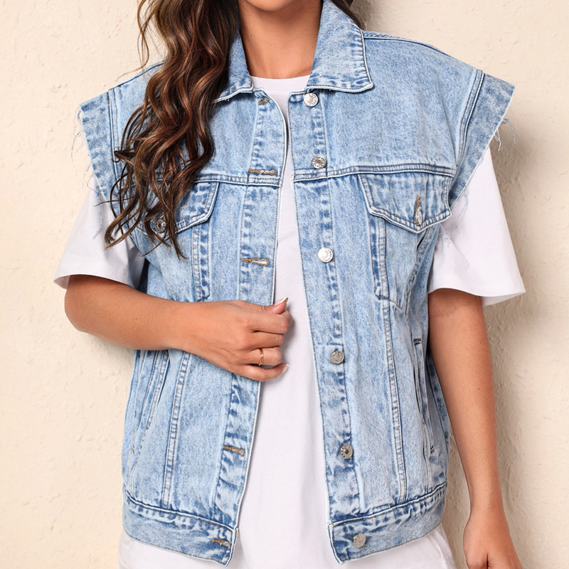 Cross-Border European and American Popular Style Simple Casual Fashion Denim Jacket Vest Versatile Slim Fit Autumn and Winter Aliexpress
