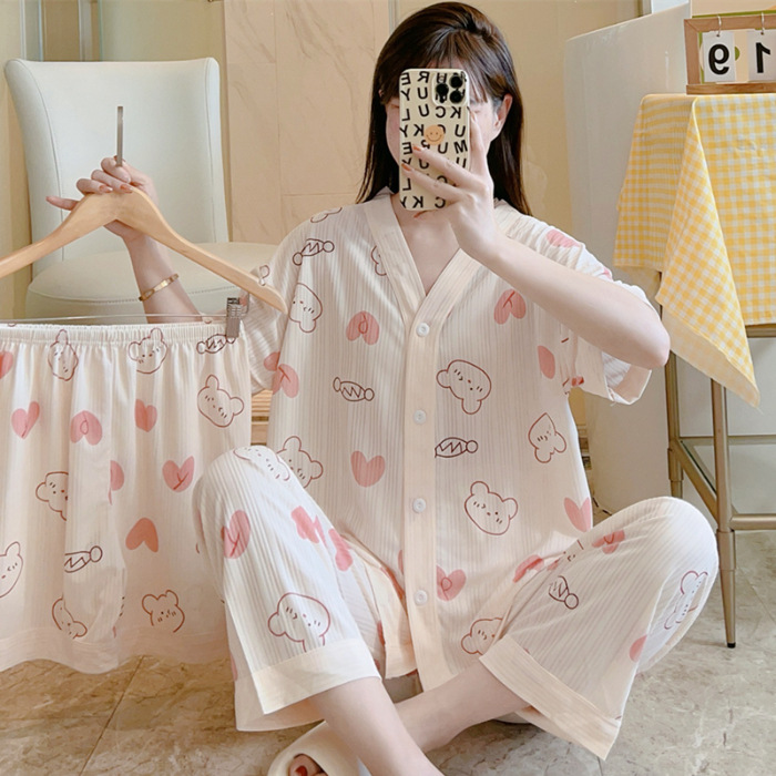 Nuevo estilo pijamas traje de tres piezas de las mujeres pijamas de estilo coreano de verano dulce ins estilo desgaste para el hogar conjunto de tres piezas entrega de una pieza