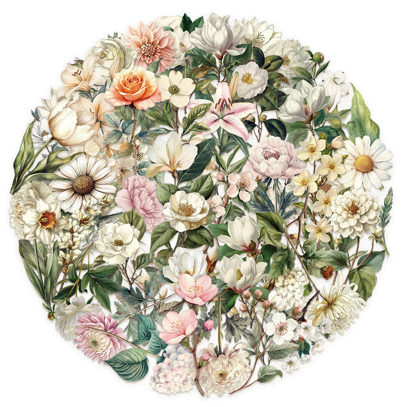 50张复古长枝花朵贴纸防水PET手账花朵郁金香手机壳复古风贴画|undefined