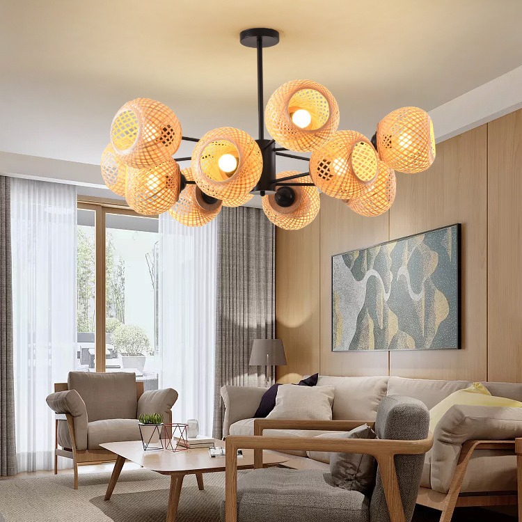 Nuevo estilo chino araña sala de estar lámpara de bambú pantalla de bambú arte araña magia frijol molecular personalidad creativa dormitorio comedor lámparas