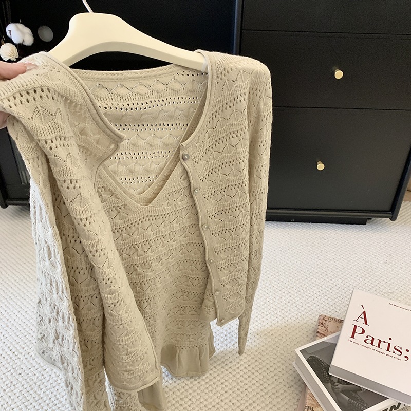 Real shot of early autumn Korean style hollow knitted cardigan for women, inner layer, camisole, two-piece thin coat for women.