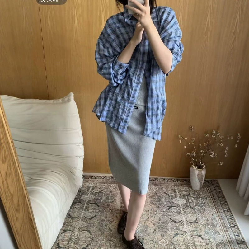 In-stock ECHO designer brand 26 early autumn new loose lightweight silhouette sunscreen textured plaid long-sleeve shirt