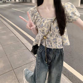 法式甜美短袖女2025夏季新款小个子泡泡袖胖mm衬衣小碎花短款上衣