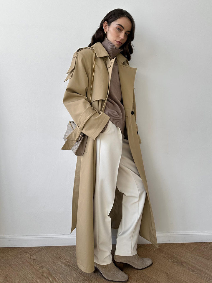 Áo khoác trench coat nữ dáng dài phong cách Âu Mỹ, chất liệu cotton, form rộng có dây thắt eo — Màu kaki, màu xám chi tiết 27
