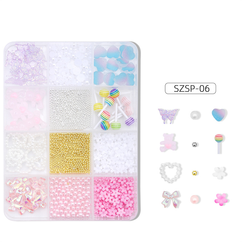 Exclusividad transfronteriza para 12 cuadros de uñas mixtas, joyas de resina, arco, perlas, Aurora, diamantes de forma especial, juego de joyas de bricolaje