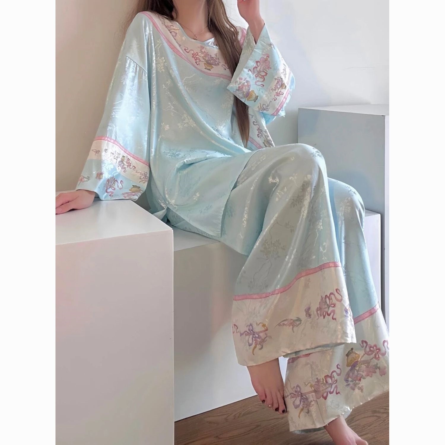 睡衣女春秋可外穿新中式两件套家居服古风袖中国风长裤国风季印花