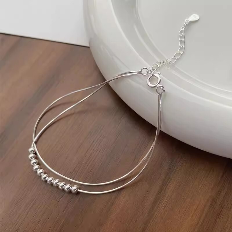 Small Silver Bead Double-Layer Snake Bone Chain Bracelet for Women New Simple Design Fashionable Geometric Bead Passepartout Ins Hand Jewelry