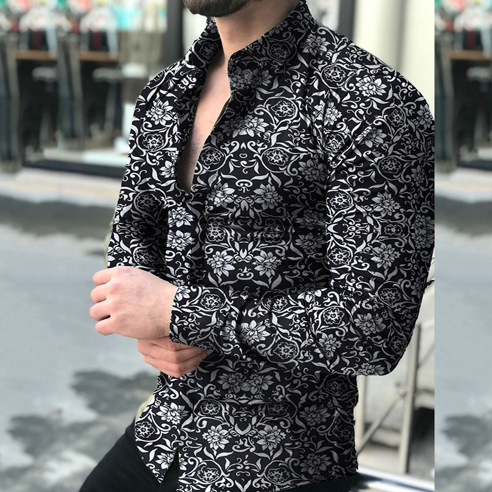 Men's floral shirt Muscle Men's style large stand collar Long Sleeve Shirt
