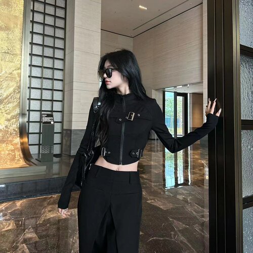 Metal fastener strap long sleeve women's turtleneck sweet cool niche spring and autumn season spicy girl open jacket zipper 2025