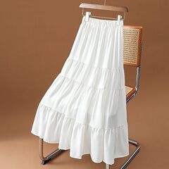ホワイトシフォンミドル丈スカート女性用2025春夏新作ドレープケーキスカートハイウエストAラインロングスカート