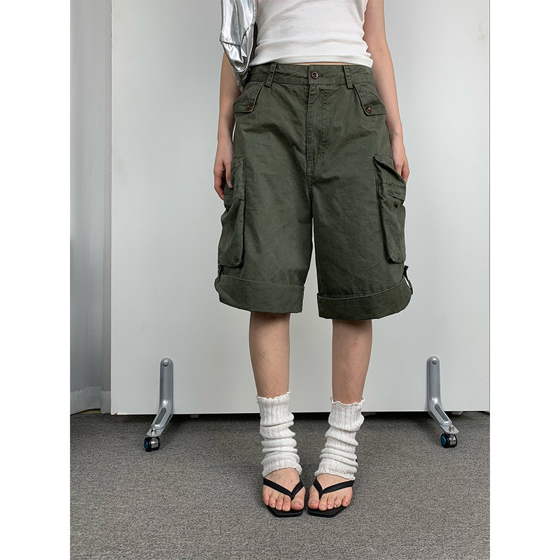 See 3L American-Style Workwear Retro Jeans for Women, Summer Personality Street Wide-Leg Mid-Length Pants for Women Hc1259