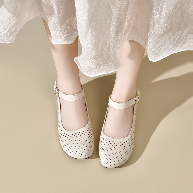 Giày sandal nữ đế xuồng mùa hè da thật thoáng khí mũi tròn bít mũi khoét lỗ — Màu đen