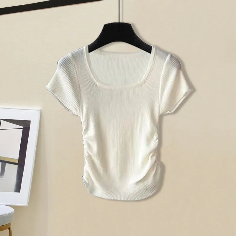Pure Desire アイスシルクニットスクエアネック半袖 Tシャツ女の子夏のハイエンドフレンチスリム甘いホットガールショートトップ|undefined