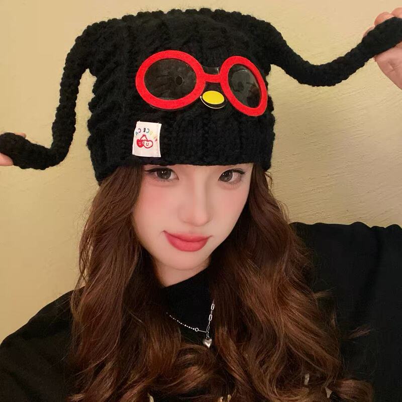 批发手工编织可爱眼镜小狗针织套头帽女秋冬保暖护耳毛线帽包头帽|undefined