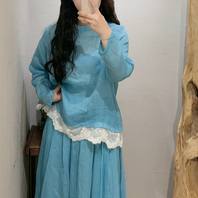 2025 Fashion Casual Lace Velvet Splicing Ramie 2025 Summer New Loose Slimming Versatile Shirt