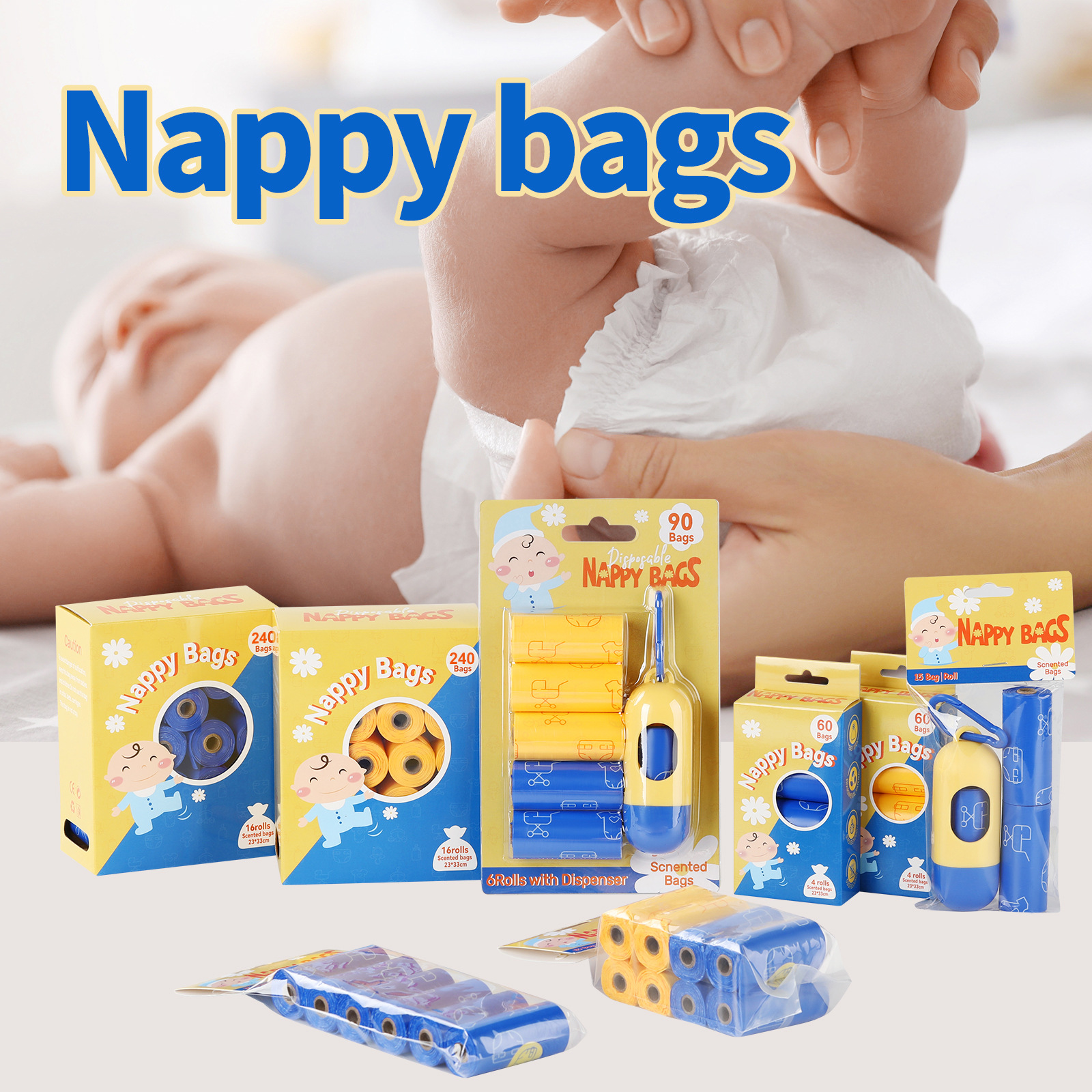 Transfronterizos temu bolsas impermeables para bebés desechables de boca plana enrollar bolsas de basura de pañales portátiles para salir