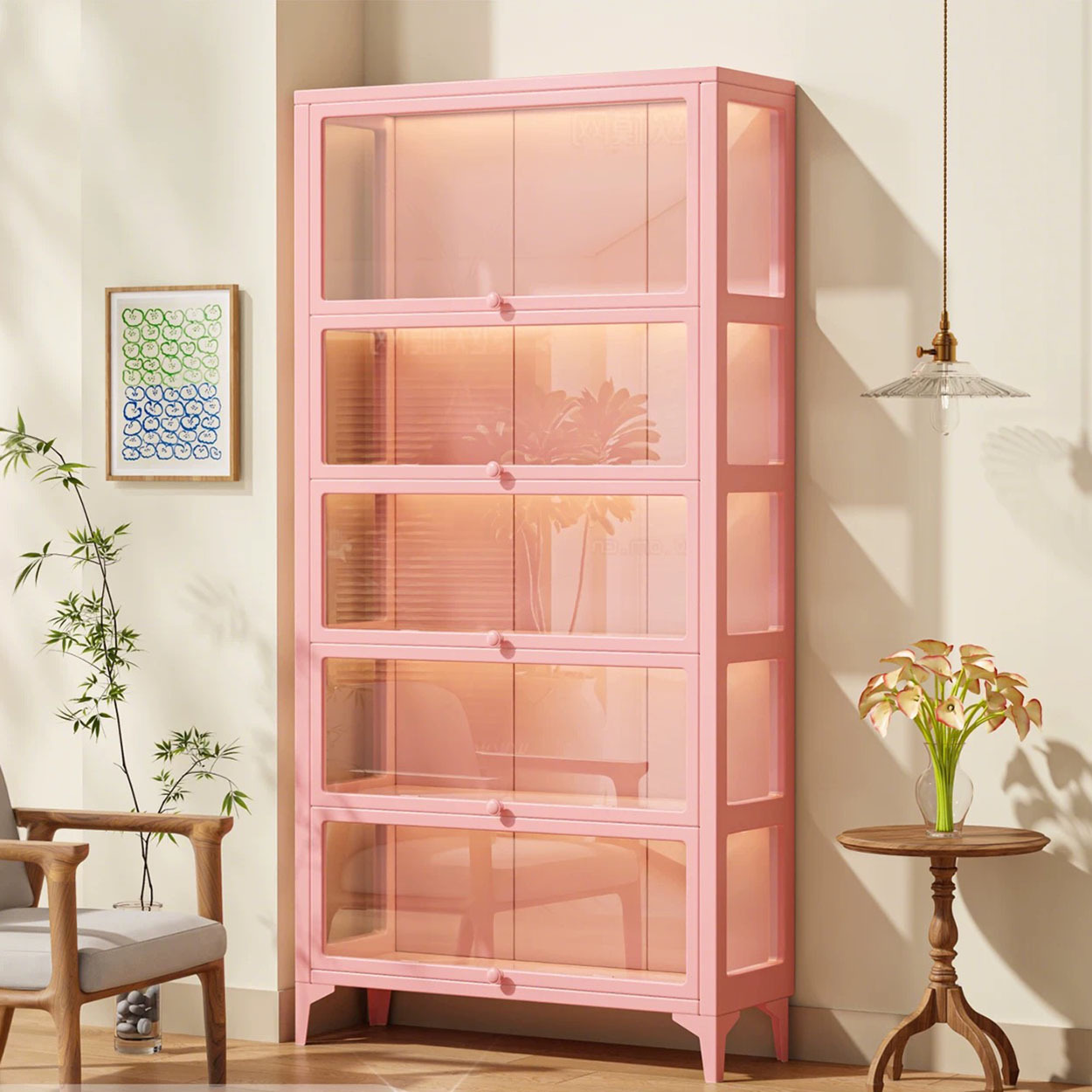 Tall Display Cabinet with Glass Doors for Blind Boxes, Building Blocks, and Collectibles; Dust-Proof Storage Cabinet for Home Use