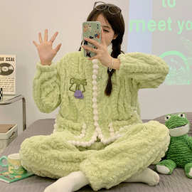 春秋冬季月子服提花绒加绒加厚保暖睡衣女哺乳喂奶孕妇大码家居服