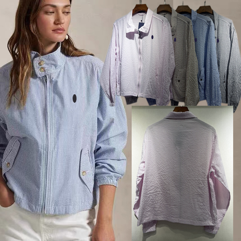 Early Autumn Women's Thin Jacket Stand Collar Zipper Long Sleeve Bubble Cotton Striped Women's Pony Logo Casual Jacket