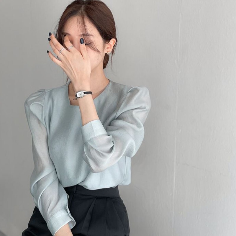 South Korea Chic Simple Fashion Round Neck All-match Solid Color Puff Sleeve Shirt Women's Base Inner Top