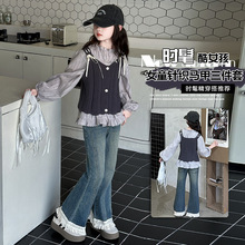 女童马甲套装秋季2025新款中大童时尚洋气马甲娃娃衫牛仔裤套装