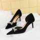 1363-AK80 Banquet High Heels Women's Shoes with Thin Heels, Suede Surface, Shallow Mouth, Pointed Side Hollow Metal Water Diamond Buckle Single Shoes