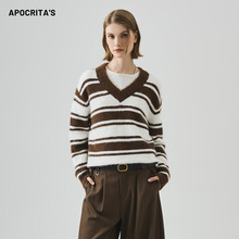 APO女装 |跨境V领毛衣女秋冬季韩系宽松慵懒风条纹长袖针织衫上衣