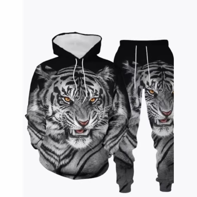 2026 Spring New Independent Brand Beast Pattern Series 3D Digital Print Casual Hoodie and Sweatpants Set