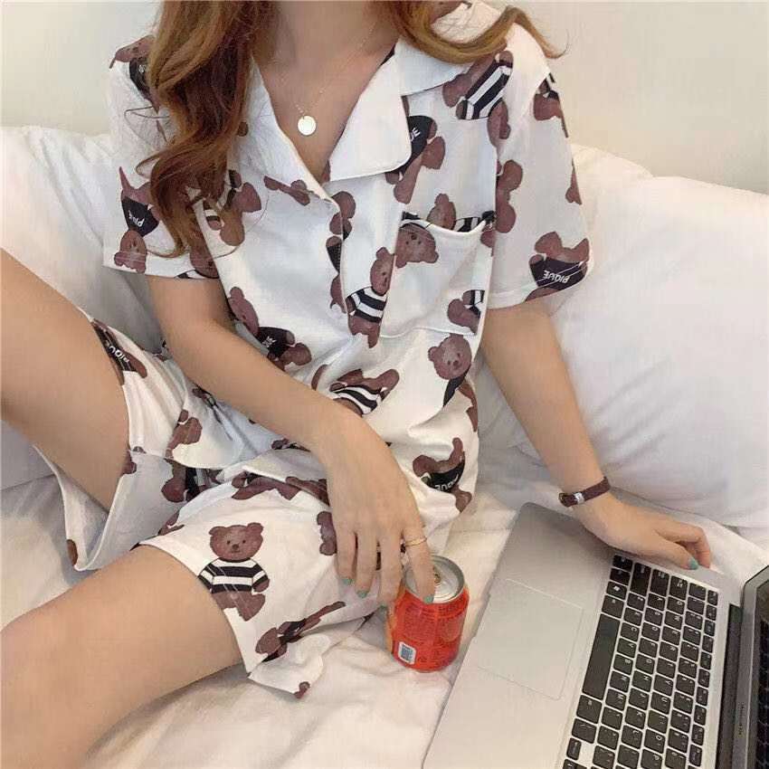 Pijamas de verano de manga corta para mujer, estilo coreano, novedad 2025, conjunto de dos piezas de cárdigan y ropa de estar con dibujos animados.