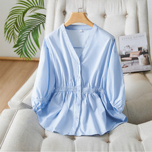 厂家直销V领衬衫女2025早秋新款泡泡袖宽松上衣设计感纯棉衬衣